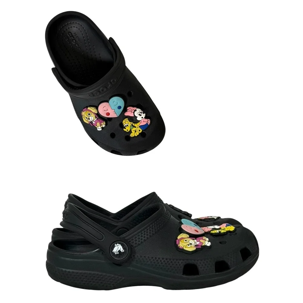 Crocs Classic Clog Kids Black Size C 11 Character Charms Jibbitz Slip On‎ Shoes